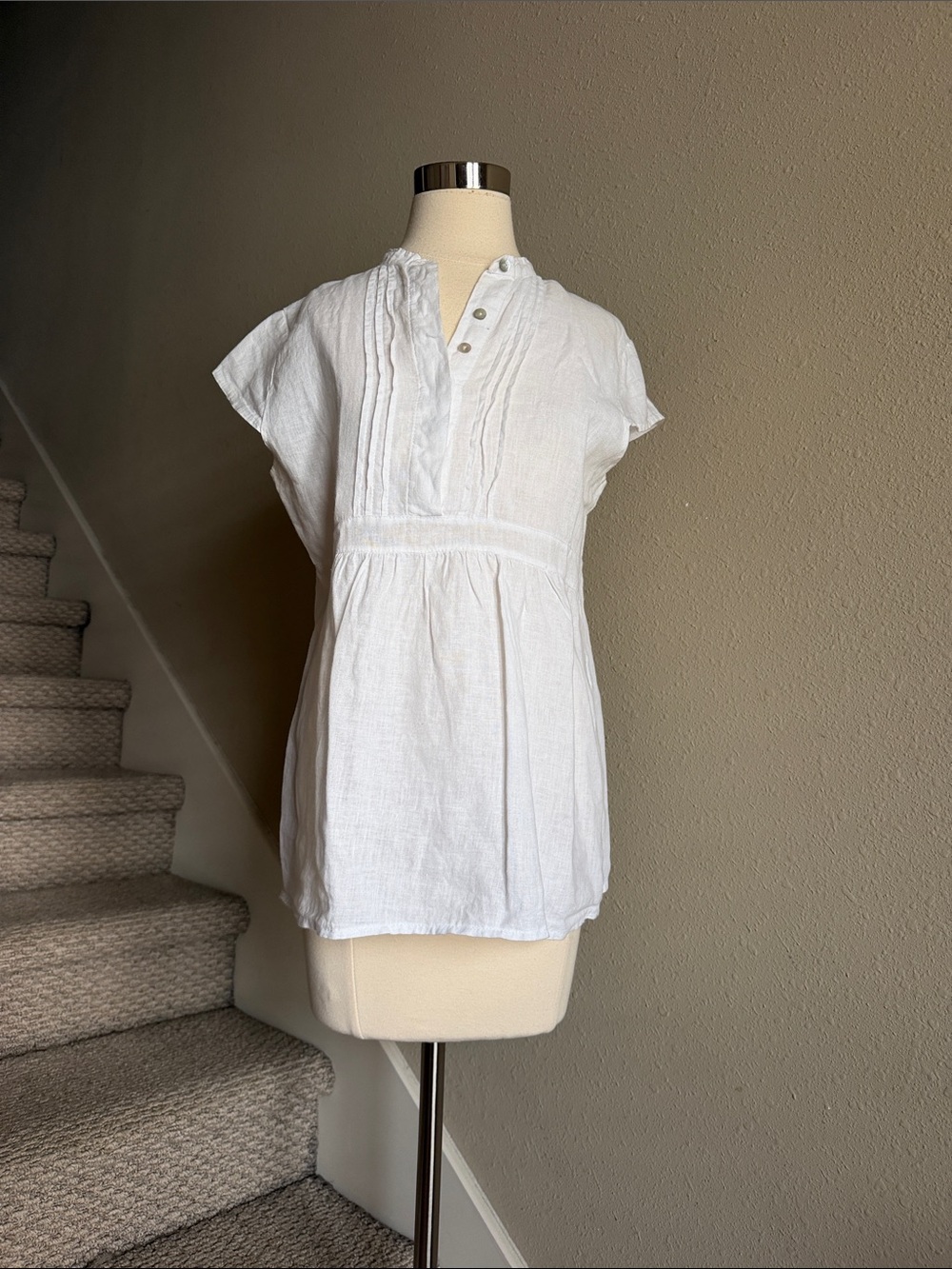 Michelangelo Sz L White Linen Pintuck Peasant Blouse